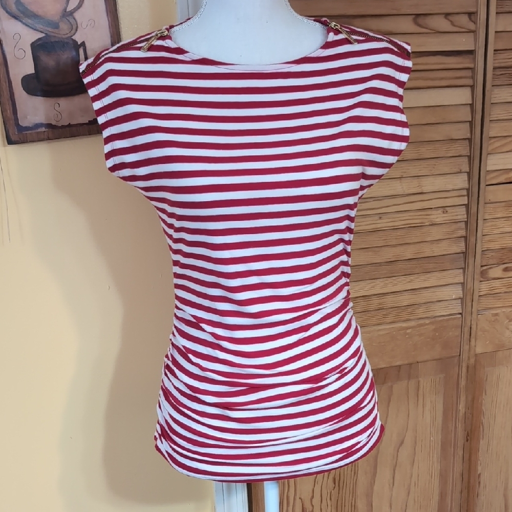 Michael Kors Red Striped Top Gold Accent Zippers At Shoulders Size S